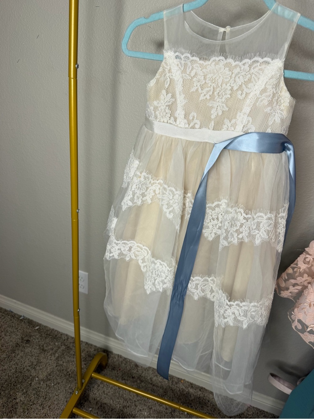 Ivory Lace Tulle Kids Dress with Blue Sash Flow David Bridal Lace Illusions - Picture 3 of 6